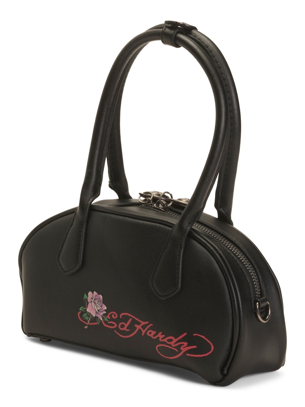 Ed Hardy Black Floral Logo Dome Satchel with Pink Accent - Picture 3 of 3